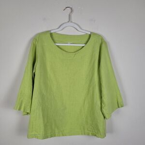 LO Len Ok Shirt Womens XXL Lime Green Linen 3/4 Sleeves Relaxed Oversized